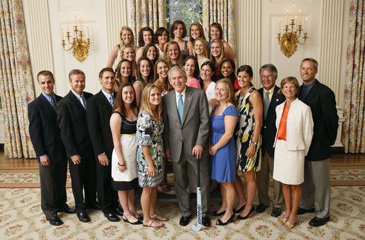 President George W. Bush stands with members of the University of North Carolina Field Hockey team, Tuesday, June 24, 2008, during a photo opportunity with the 2007 and 2008 NCAA Sports Champions. White House photo by Eric Draper