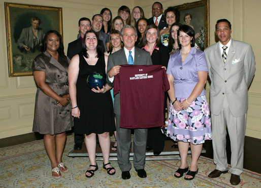President George W. Bush stands with members of the University of Maryland Eastern Shore Women's Bowling team, Tuesday, June 24, 2008, during a photo opportunity with the 2007 and 2008 NCAA Sports Champions at the White House. White House photo by Chris Greenberg