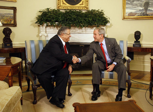 President George W. Bush shakes hands with Jalal Talabani, President of Iraq, during a meeting Wednesday, June 25, 2008, in the Oval Office at the White House. President Bush said, "It's been my honor to welcome a friend, President Talabani, back to the Oval Office. He is the President of a free Iraq. He is a man who's been on the front lines of helping to unify Iraq and to help Iraq recover from a brutal regime -- that of Saddam Hussein." White House photo by Eric Draper