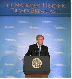 President George W. Bush delivers remarks Thursday, June 26, 2008, during the National Hispanic Prayer Breakfast, hosted by Esperanza, at the J.W. Marriott Hotel in Washington, D.C. Established in 2002, Esperanza works with more than 5,000 Hispanic churches and ministries committed to raising awareness and identifying resources to strengthen the Hispanic community.  White House photo by Chris Greenberg