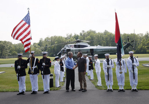 President George W. Bush welcomes the Crown Prince of Abu Dhabi, Sheikh Mohammed bin Zayed Al Nahyan to the presidential retreat at Camp David, Thursday, June 26, 2008 in Camp David, Md. White House photo by Eric Draper