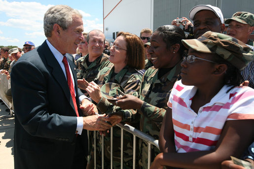President George W. Bush greets base personnel and their families at the Air National Guard Ramp of Jackson-Evers International Airport Tuesday July 1, 2008, in Jackson, MS. White House photo by Joyce N. Boghosian