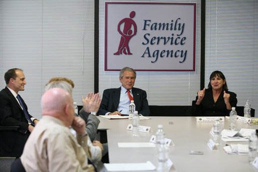 President George W. Bush participates in a roundtable discussion on Housing Counseling, Tuesday, July 1, 2008, as Secretary of Housing and Urban Development Steve Preston looks on at Family Service Agency Inc. in North Little Rock, Arkansas. White House photo by Joyce N. Boghosian