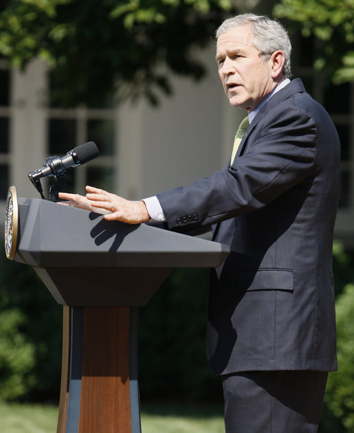 President George W. Bush delivers a statement on the G8 Summit Wednesday, July 2, 2008, in the Rose Garden of the White House. White House photo by Eric Draper