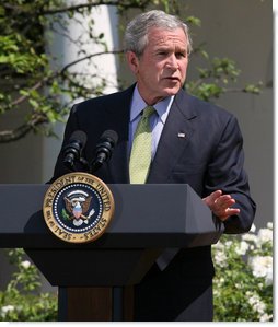 President George W. Bush addresses the media Wednesday, July 2, 2008, as he delivers a statement in the Rose Garden regarding the upcoming 2008 G8 Summit in Japan.  White House photo by Joyce N. Boghosian