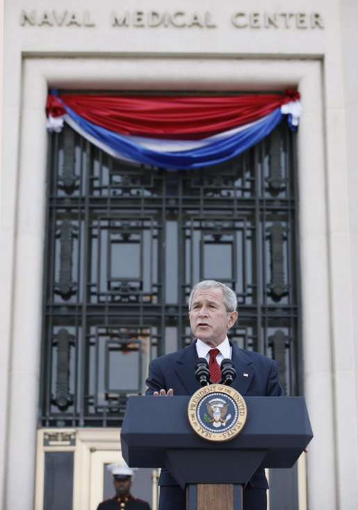 President George W. Bush addresses invited guests at the ceremonial groundbreaking for the Walter Reed National Medical Center Thursday, July 3, 2008, in Bethesda, Md. The new state-of-the-art integrated medical facility is scheduled to be completed in 2011. White House photo by Eric Draper