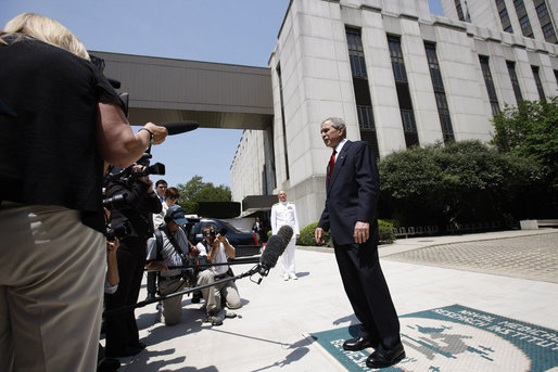 President George W. Bush speaks to reporters Thursday, July 3, 2008 outside the National Naval Medical Center in Bethesda, Md., to congratulate the Colombian government for their successful hostage rescue. White House photo by Eric Draper