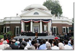 President George W. Bush delivers remark at Monticello's 46th Annual Independence Day Celebration and Naturalization Ceremony Friday, July 4. 2008, in Charlottesville, VA.  White House photo by Joyce N. Boghosian