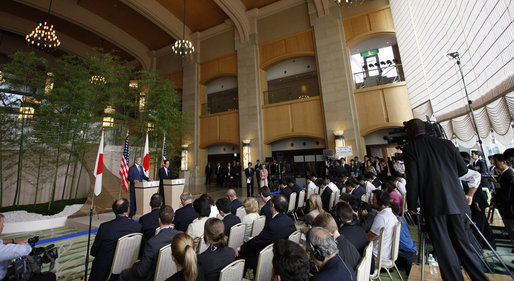 President George W. Bush and Prime Minister Yasuo Fukuda of Japan participate in a joint press availability Sunday, July 6, 2008, at the Windsor Hotel Toya Resort and Spa, site of the 2008 G8 Summit. White House photo by Eric Draper