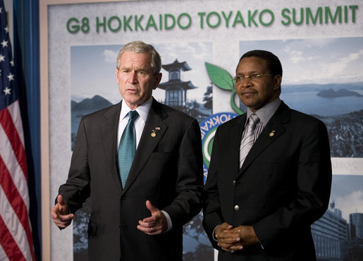 President George W. Bush and President Jakaya Kikwete of Tanzania talk to the media Monday, July 7, 2008, after the G-8 Working Session with the Africa Outreach Representatives in Toyako, Japan. President Bush congratulated his counterpart for his leadership, saying, "I really want the American people to hear firsthand how successful their generosity has been, whether it be on HIV/AIDS or malaria. And Tanzania is a good example. But success would not have taken place without your leadership." White House photo by Eric Draper