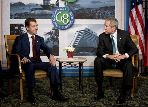 President George W. Bush meets with President Dmitriy Medvedev of Russia Monday, July 7, 2008, at the Windsor Hotel Toya Resort and Spa in Toyako, Japan, site of the 2008 G-8 Summit. Said President Bush during remarks, “.We talked about a variety of issues. And while there's some areas of disagreement, there's also areas where I know we can work together for the common good.” White House photo by Eric Draper