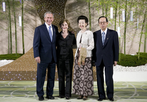 President George W. Bush and Mrs. Laura Bush stand with Japan's Prime Minister Yasuo Fukuda and Mrs. Kiyoko Fukuda in the Banquet Lobby of the Windsor Hotel Toya Resort and Spa Monday, July 7, 2008, in Toyako, Japan, prior to the Dinner with G-8 Leaders and Spouses. White House photo by Eric Draper