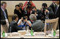 President George W. Bush and President Dmitriy Medvedev are the center of focus Tuesday, July 8, 2008, prior to the start of the morning’s G-8 Working Session in Toyako, Japan. White House photo by Eric Draper