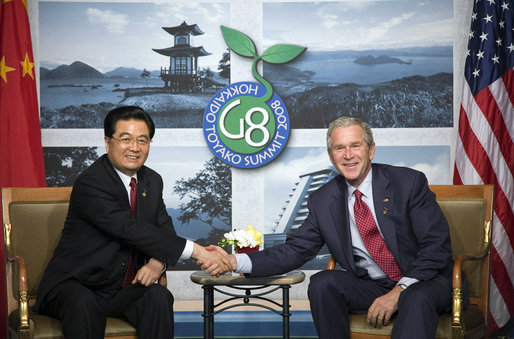 President George W. Bush shakes hands with President of China, Hu Jintao, during their meeting at the G-8 Summit Wednesday, July 9, 2008, in Toyako, Japan. White House photo by Eric Draper