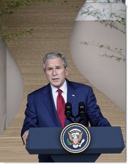 President George W. Bush delivers remarks at the conclusion of the G-8 Summit Wednesday, July 9, 2008, in Toyako, Japan. White House photo by Eric Draper