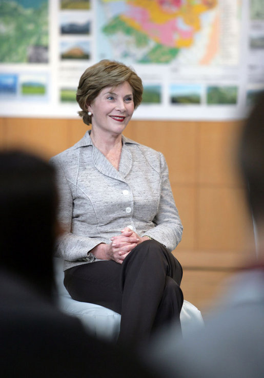 Mrs. Laura Bush participates in a discussion with Junior 8 (J8) members during her visit to the Lake Toya Visitors Center Wednesday, July 9, 2008, in Hokkaido, Japan. White House photo by Shealah Craighead