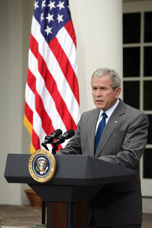 President George W. Bush addresses reporters Wednesday, July 9, 2007 in the Rose Garden at the White House, to thank Democratic and Republican members of Congress, and administration members, for their hard work in gaining passage of the FISA Reform legislation. White House photo by Luke Sharrett