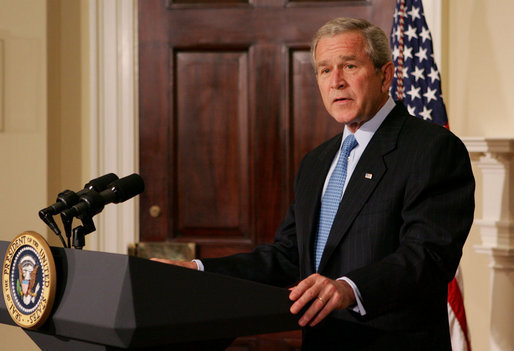 President George W. Bush addresses his remarks honoring the 10th anniversary of the International Religious Freedom Act, speaking Monday, July 14, 2008 in the Roosevelt Room at the White House. White House photo by Joyce N. Boghosian