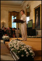 Mrs. Laura Bush welcomes attendees of the 2008 Cooper-Hewitt National Design Awards on July 14, 2008 in the White House East Room. The awards are given in various disciplines such as communications, architecture, landscape, product, interior, fashion and people's design as well as in lifetime achievement, corporate achievement, special jury commendation. The awards are a tool to increase national awareness of design by promoting excellence, innovation and lasting achievement. The award program was first launched in 2000 at the White House as an official project of the White House Millennium Council. White House photo by Shealah Craighead