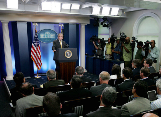 President George W. Bush answers a reporter's question during a news conference Tuesday, July 15, 2008, in the James S. Brady Press Briefing Room of the White House. White House photo by Joyce N. Boghosian