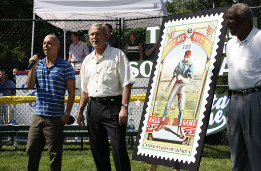 Led by entertainer Kenny Chesney, President George W. Bush and baseball Hall of Famer Frank Robinson sing "Take Me Out to the Ballgame," after unveiling a new stamp commemorating the centennial of the song between doubleheader, All-Star Tee Ball games Wednesday, July 16, 2008, at the White House. White House photo by Eric Draper