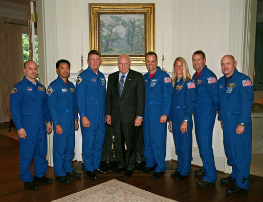 Vice President Dick Cheney stands with the crew members of the Space Shuttle Discovery (STS-124) Wednesday, July 16, 2008, during the astronauts' visit to the Vice President's Residence at the U.S. Naval Observatory in Washington, D.C. The crew made 217 orbits with a stop at the International Space Station during a two-week mission before returning home to Kennedy Space Center on June 14. White House photo by David Bohrer