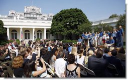 President George W. Bush delivers remarks to the members of the 2008 United States Summer Olympic Team Monday, July 21, 2008, in the Rose Garden of the White House.  White House photo by Eric Draper