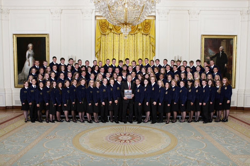 President George W. Bush poses for a photo with the National and State Future Farmers of America officers Thursday, July 24, 2008, in the East Room of the White House. White House photo by Chris Greenberg