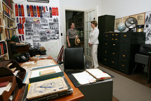 Mrs. Laura Bush is shown the office of Mrs. Carl Sandburg by Jill Hamilton-Anderson during a tour Monday, July 28, 2008, of the Carl Sandburg Home National Historic Site in Flat Rock, N.C. White House photo by Shealah Craighead