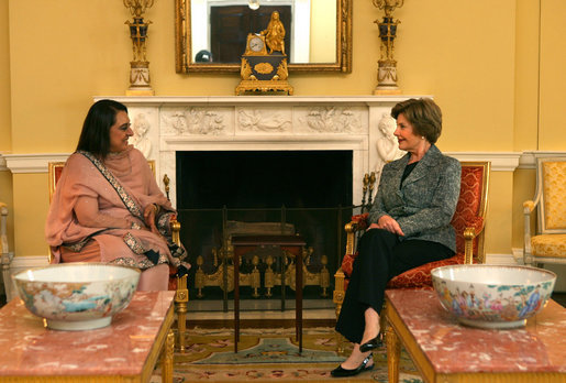 Mrs. Laura Bush meets with Mrs. Begum Gillani, wife of Pakistani Prime Minister Yousaf Raza Gillani, during coffee at the White House on July 29, 2008. White House photo by Shealah Craighead