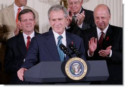 President George W. Bush is applauded as he addresses his remarks Wednesday, July 30, 2008 in the East Room of the White House, prior to signing of H.R. 5501, the Tom Lantos and Henry J. Hyde United States Global Leadership Against HIV/AIDS, Tuberculosis and Malaria Reauthorization Act of 2008. White House photo by Eric Draper