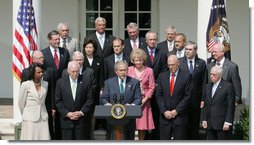 President George W. Bush, joined by Vice President Dick Cheney and members of the Cabinet, addresses his remarks Wednesday, July 30, 2008 in the Rose Garden at the White House, urging Congress to lift the ban on offshore exploration on the Outer Continental Shelf. White House photo by Joyce N. Boghosian
