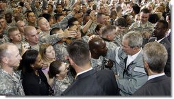 President George W. Bush greets military personnel during his visit to the U.S. Army Garrison-Yongsan Wednesday, August 6, 2008, in Seoul, South Korea.  White House photo by Eric Draper