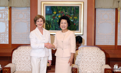 Mrs. Laura Bush meets with Mrs. Kim Yoon-ok, wife of the President of the Republic of Korea, during a coffee in Seoul on Aug. 6, 2008. White House photo by Shealah Craighead