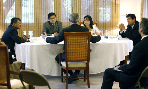 President George W. Bush participates in a roundtable radio interview concerning Burma Thursday, August 7, 2008, at the U.S. Ambassador's Residence in Bangkok. White House photo by Eric Draper