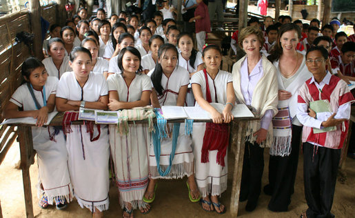 Mrs. Laura Bush and Ms. Barbara Bush visit a grammar class at the Mae La Refugee Camp Thursday, Aug. 7, 2008, in Mae Sot, Thailand. The camp, the largest of nine on the Burma-Thailand border, houses nearly 40,000 refugees feeling oppression in Burma. White House photo by Shealah Craighead