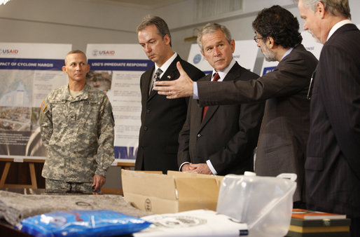 President George W. Bush attends a briefing Thursday, Aug. 7, 2008, at the U.S. Ambassador's residence in Bangkok on the ongoing Cyclone Nargis disaster relief efforts in Burma. From left are: Col. Al Swanda, Chief Joint U.S. Military Group Thailand; Eric John, U.S. Ambassador to Thailand; President Bush; Olivier Carduner, Mission Director of the USAID Regional Development Mission for Asia, and Bill Berger, Acting Senior Regional Advisor for the USAID Cyclone Nargis Disaster Assistance Response Team. White House photo by Eric Draper