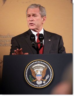 President George W. Bush gestures as he delivers remarks at the Queen Sirikit National Convention Center Thursday, August 7, 2008, in the Bangkok.  White House photo by Chris Greenberg