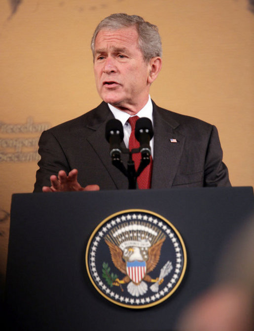 President George W. Bush gestures as he delivers remarks at the Queen Sirikit National Convention Center Thursday, August 7, 2008, in the Bangkok. White House photo by Chris Greenberg