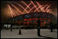Fireworks explode over China's National Stadium in Beijing Friday night, Aug. 8, 2008, during the finale of the Opening Ceremonies for the 2008 Summer Olympics. White House photo by Chris Greenberg