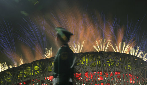 Fireworks explode over China's National Stadium in Beijing Friday night, Aug. 8, 2008, during the finale of the Opening Ceremonies for the 2008 Summer Olympics. White House photo by Chris Greenberg