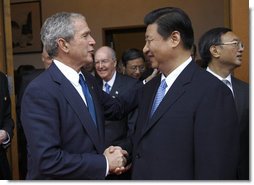 President George W. Bush is greeted by Chinese Vice President Xi Jinping Sunday, Aug. 10, 2008, during his visit to Zhongnanhai, the Chinese leaders compound in Beijing. White House photo by Eric Draper