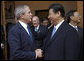 President George W. Bush is greeted by Chinese Vice President Xi Jinping Sunday, Aug. 10, 2008, during his visit to Zhongnanhai, the Chinese leaders compound in Beijing. White House photo by Eric Draper