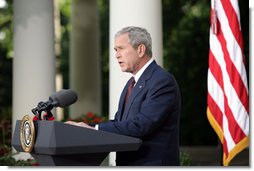 President George W. Bush delivers his statement on the escalating Russian violence in Georgia Monday, Aug. 11, 2008, in the Rose Garden of the White House. President Bush pressed Russia to accept an immediate cease-fire and to pull back its troops. White House photo by Luke Sharrett
