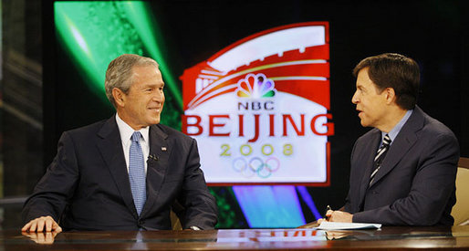 President George W. Bush speaks with Bob Costas of NBC Sports during an interview Monday, Aug. 11, 2008, while attending the 2008 Summer Olympic Games in Beijing. White House photo by Eric Draper