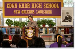 Mrs. Laura Bush addresses students and faculty Thursday, Aug. 14, 2008, at the Edna Karr High School in New Orleans, on the National Endowment for the Humanities' Picturing America initiative. The Picturing America program is a collection of American art offered to schools and public libraries to help educators teach American history and culture through art.  White House photo by Shealah Craighead