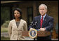 President George W. Bush delivers a statement on the situation in Georgia with Secretary of State Condoleezza Rice in Crawford, Texas, Saturday, Aug. 16, 2008. White House photo by Eric Draper
