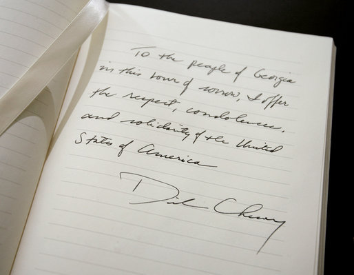 The sympathies of Vice President Dick Cheney are seen written in a book of condolence for the people of Georgia, Monday, Aug. 18, 2008 at the Embassy of Georgia in Washington, D.C. The Vice President wrote, "To the people of Georgia in this hour of sorrow, I offer the respect, condolences, and solidarity of the United States of America." White House photo by David Bohrer
