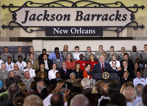 President George W. Bush gestures as he addresses his remarks Wednesday, Aug. 20, 2008 at the historic Jackson Barracks in New Orleans, on the recovery of the Gulf Coast region three years after Hurricane Katrina. President Bush said, "I think the message here today is hope is being restored. Hope is coming back." White House photo by Eric Draper