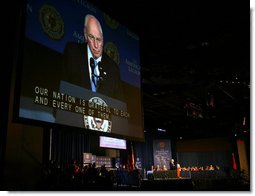 Vice President Dick Cheney is seen on screen as he delivers his remarks to the 90th American Legion Convention Wednesday, Aug. 27, 2008 in Phoenix.  White House photo by David Bohrer